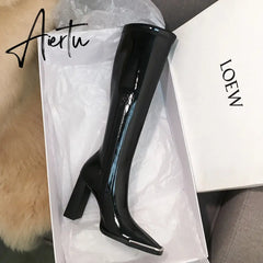 Aiertu Kendall style Women motorcyle boots Fashion Square toe Knee high boots Autumn Winter Warm patent leather High heels boots shoes Aiertu