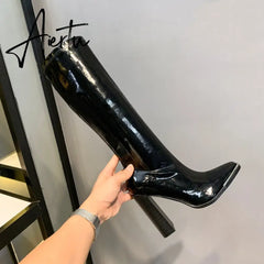 Aiertu Kendall style Women motorcyle boots Fashion Square toe Knee high boots Autumn Winter Warm patent leather High heels boots shoes Aiertu