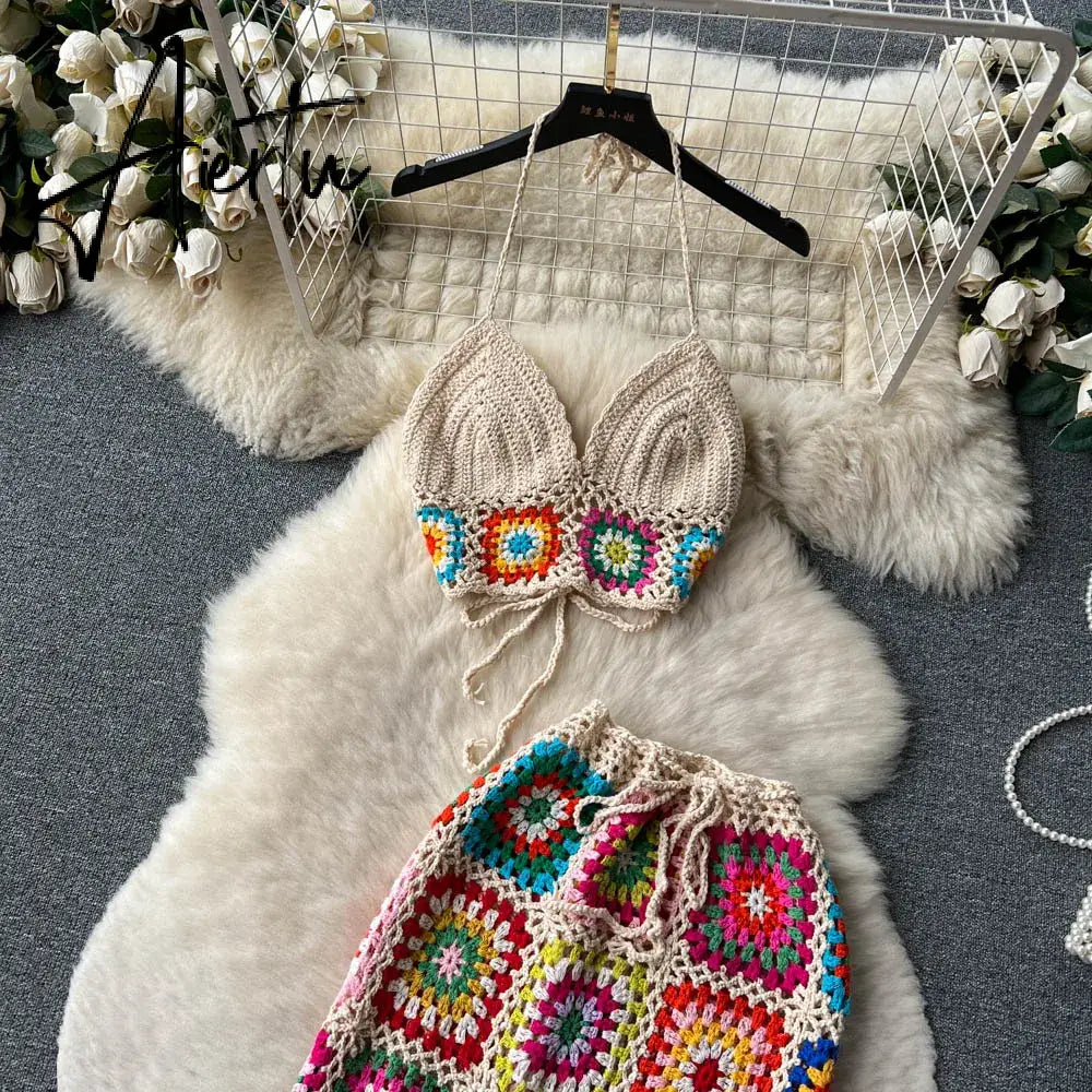 Aiertu Knitted Beach Two Pieces Suits Women Strap Mini Camis+Elastic Waist Long Pants Set Streetwear Hollow Out Casual Sets Aiertu