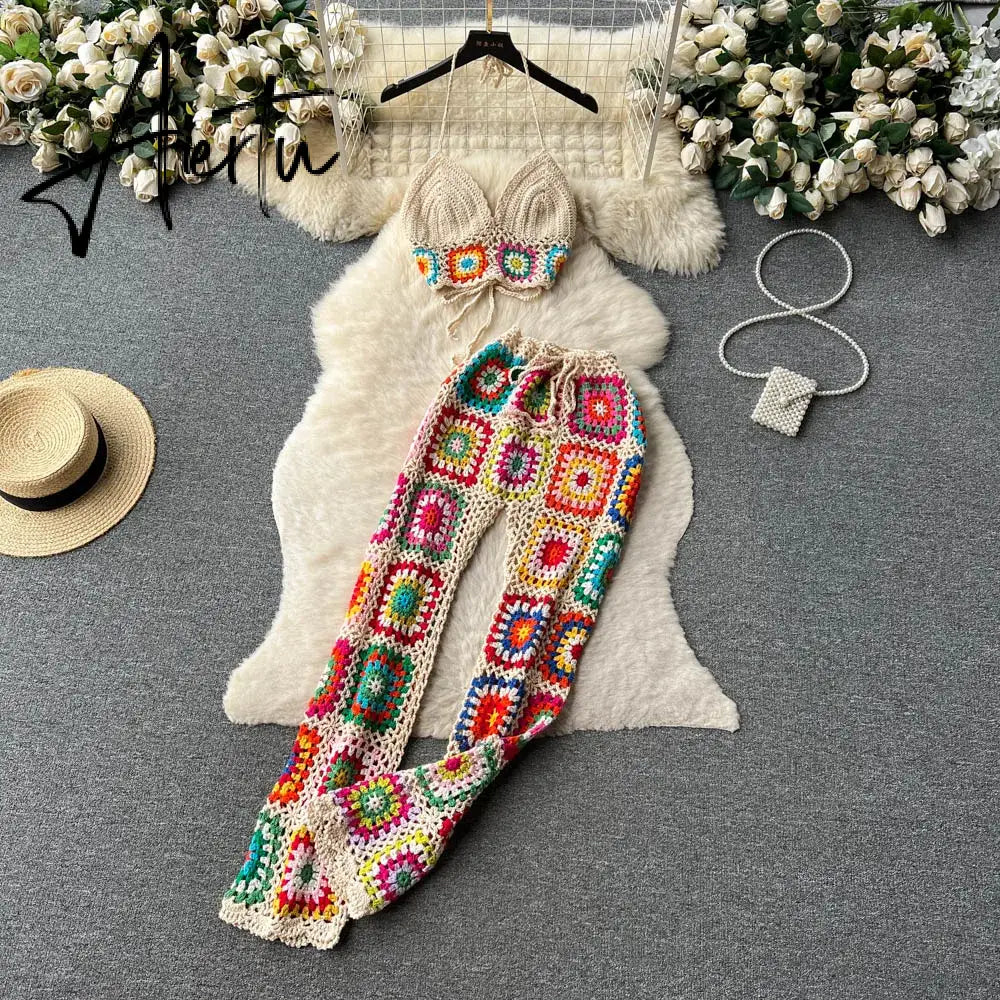 Aiertu Knitted Beach Two Pieces Suits Women Strap Mini Camis+Elastic Waist Long Pants Set Streetwear Hollow Out Casual Sets Aiertu
