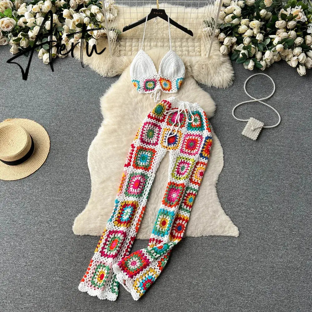 Aiertu Knitted Beach Two Pieces Suits Women Strap Mini Camis+Elastic Waist Long Pants Set Streetwear Hollow Out Casual Sets Aiertu
