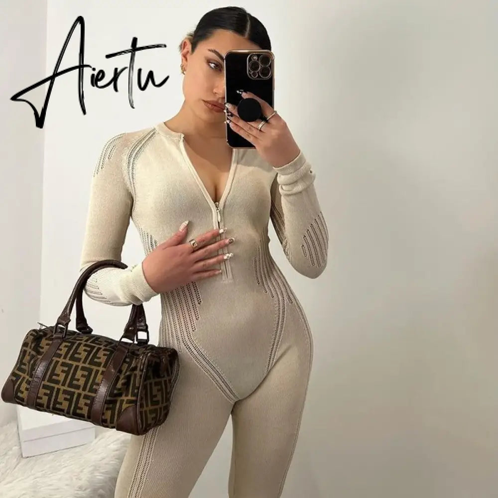 Aiertu Knitted Rompers Women Jumpsuit Stretch Hollow Out Zipper Sexy Summer Jumpsuits Club Outfits Women One Piece Overalls Aiertu