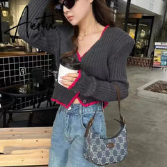 Aiertu Korea Dongdaemun French Sweater Tops Women V-neck Slim Short Knitted Cardigan Sweet Ladies Long Sleeve Sweaters Jacket For Women Aiertu