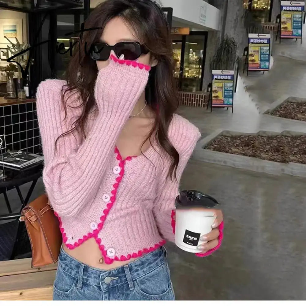 Aiertu Korea Dongdaemun French Sweater Tops Women V-neck Slim Short Knitted Cardigan Sweet Ladies Long Sleeve Sweaters Jacket For Women Aiertu