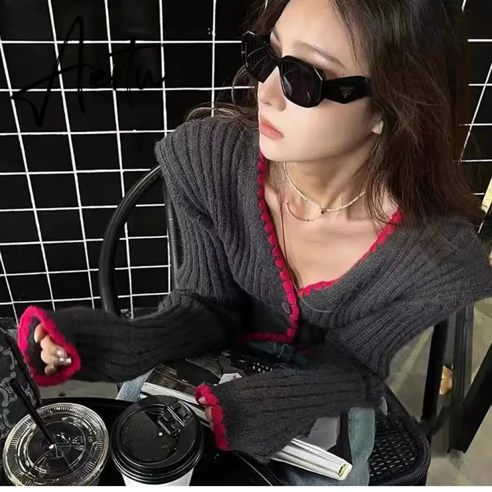 Aiertu Korea Dongdaemun French Sweater Tops Women V-neck Slim Short Knitted Cardigan Sweet Ladies Long Sleeve Sweaters Jacket For Women Aiertu
