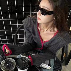 Aiertu Korea Dongdaemun French Sweater Tops Women V-neck Slim Short Knitted Cardigan Sweet Ladies Long Sleeve Sweaters Jacket For Women Aiertu