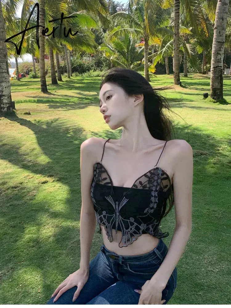 Aiertu Korean Black Y2k Crop Top Lace Butterfly Embroidery Camis Gothic Style Fairy Grunge Tank Tops  New Fashion Summer Streetwear Aiertu