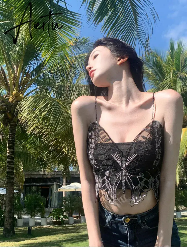 Aiertu Korean Black Y2k Crop Top Lace Butterfly Embroidery Camis Gothic Style Fairy Grunge Tank Tops  New Fashion Summer Streetwear Aiertu