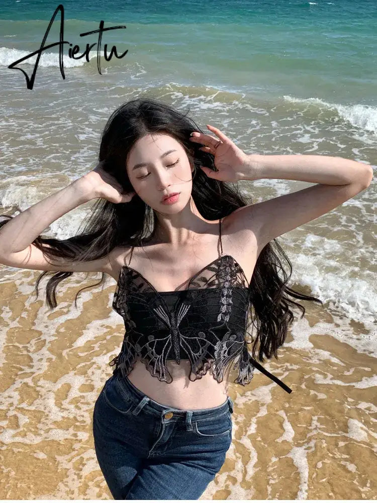 Aiertu Korean Black Y2k Crop Top Lace Butterfly Embroidery Camis Gothic Style Fairy Grunge Tank Tops  New Fashion Summer Streetwear Aiertu