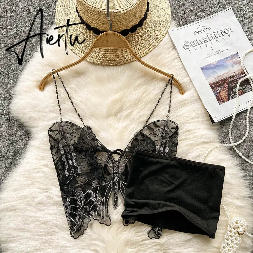 Aiertu Korean Black Y2k Crop Top Lace Butterfly Embroidery Camis Gothic Style Fairy Grunge Tank Tops  New Fashion Summer Streetwear Aiertu
