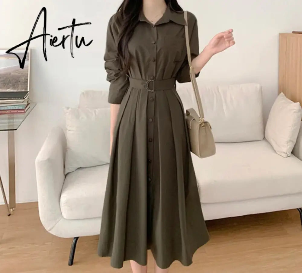 Aiertu Korean Chic French Simple Basic Women Dress Casual Loose Solid Color Slim Woman Dress Black Lady Sweet Elegant Dresses Aiertu