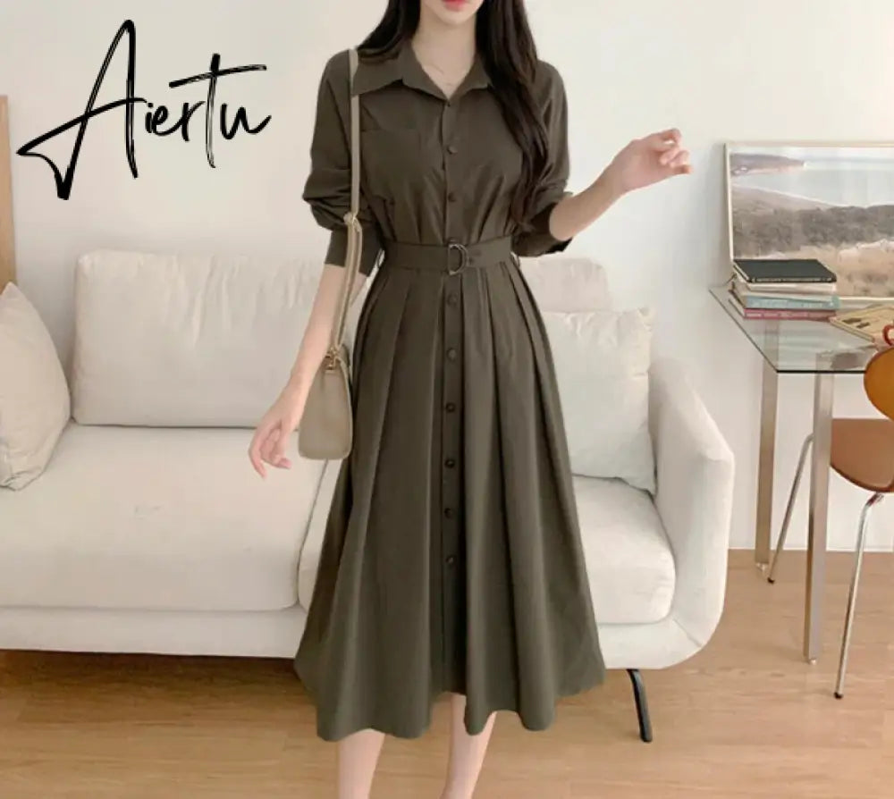 Aiertu Korean Chic French Simple Basic Women Dress Casual Loose Solid Color Slim Woman Dress Black Lady Sweet Elegant Dresses Aiertu