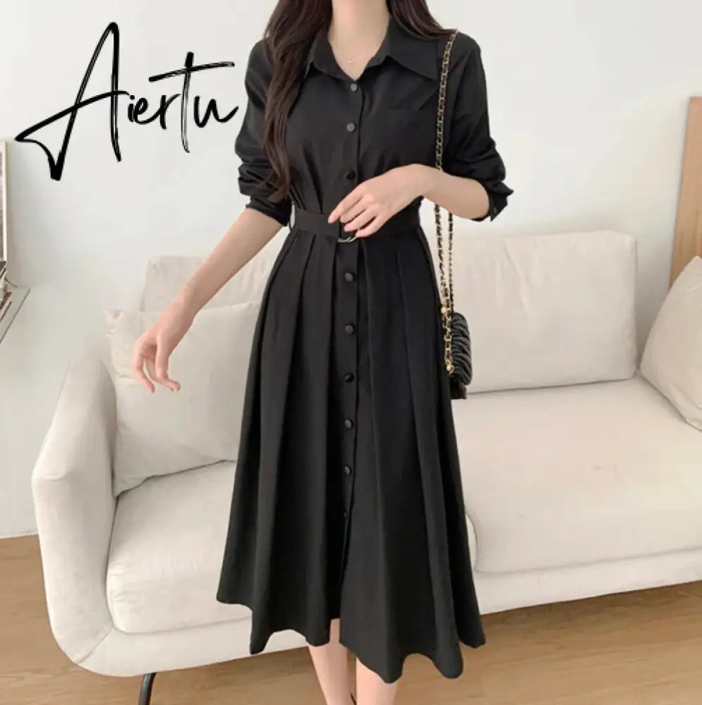 Aiertu Korean Chic French Simple Basic Women Dress Casual Loose Solid Color Slim Woman Dress Black Lady Sweet Elegant Dresses Aiertu