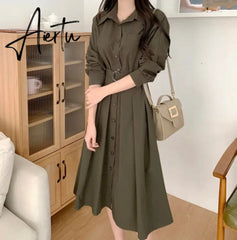 Aiertu Korean Chic French Simple Basic Women Dress Casual Loose Solid Color Slim Woman Dress Black Lady Sweet Elegant Dresses Aiertu