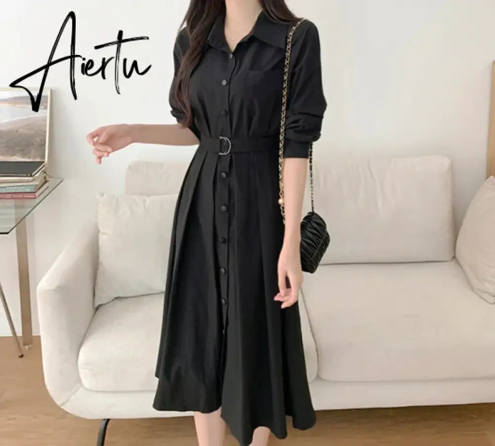Aiertu Korean Chic French Simple Basic Women Dress Casual Loose Solid Color Slim Woman Dress Black Lady Sweet Elegant Dresses Aiertu
