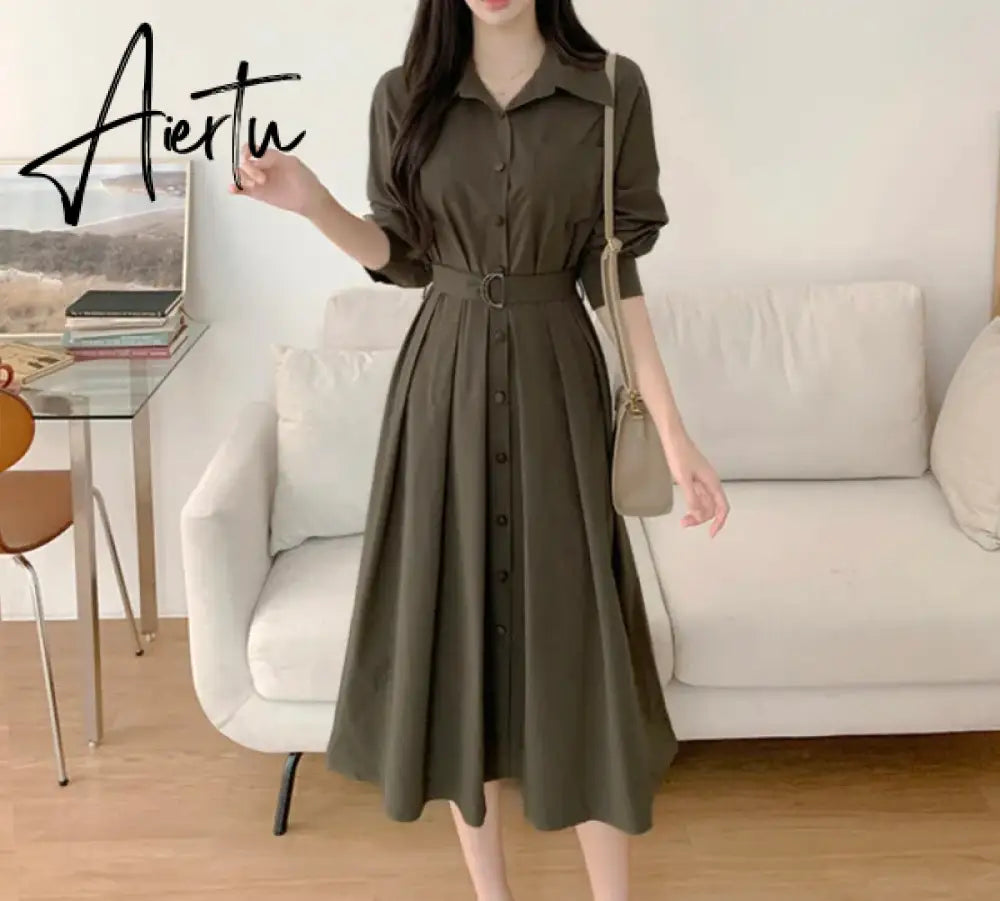 Aiertu Korean Chic French Simple Basic Women Dress Casual Loose Solid Color Slim Woman Dress Black Lady Sweet Elegant Dresses Aiertu