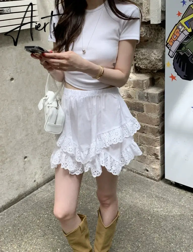 Aiertu Korean Chic Kawaii Skirt Women Summer Temperament Elastic Waist Designer Mini Skirt Female Versatile Slimming Lace Skirt 2024 Aiertu