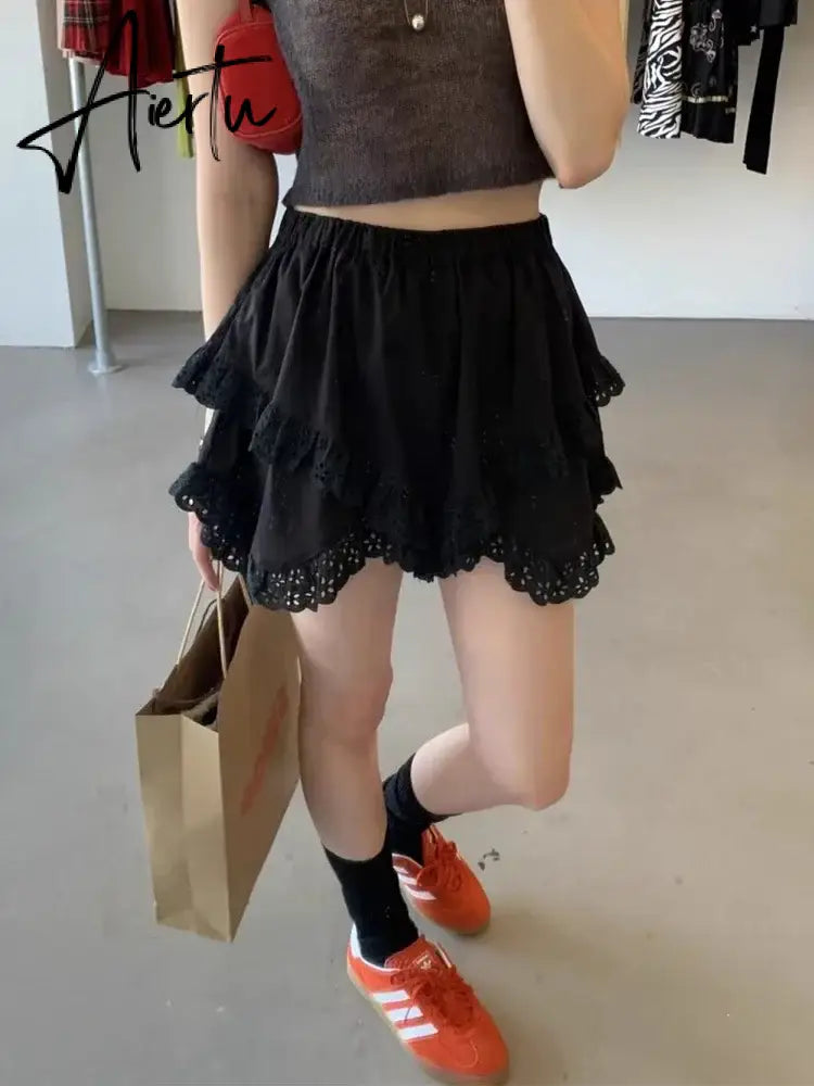 Aiertu Korean Chic Kawaii Skirt Women Summer Temperament Elastic Waist Designer Mini Skirt Female Versatile Slimming Lace Skirt 2024 Aiertu