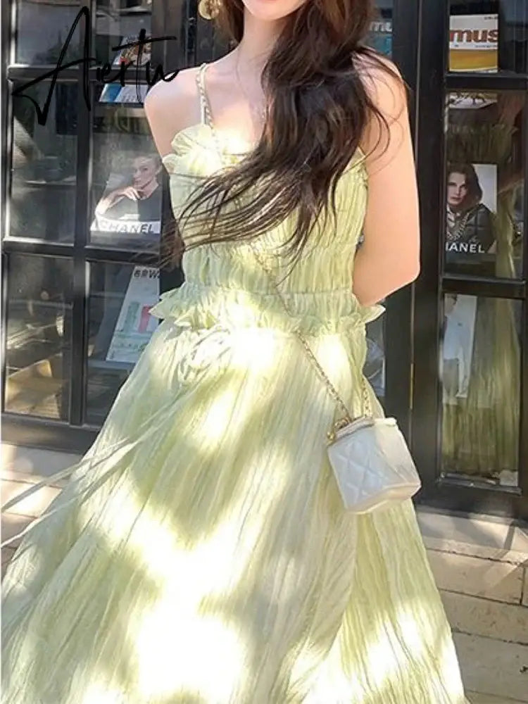 Aiertu Korean Fashion Green Cute Strap Dress Women Sweet Elegant Party Midi Dress Female Chiffon France Boho Beach Dress  Summer Aiertu