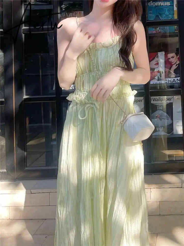 Aiertu Korean Fashion Green Cute Strap Dress Women Sweet Elegant Party Midi Dress Female Chiffon France Boho Beach Dress  Summer Aiertu