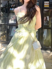 Aiertu Korean Fashion Green Cute Strap Dress Women Sweet Elegant Party Midi Dress Female Chiffon France Boho Beach Dress  Summer Aiertu