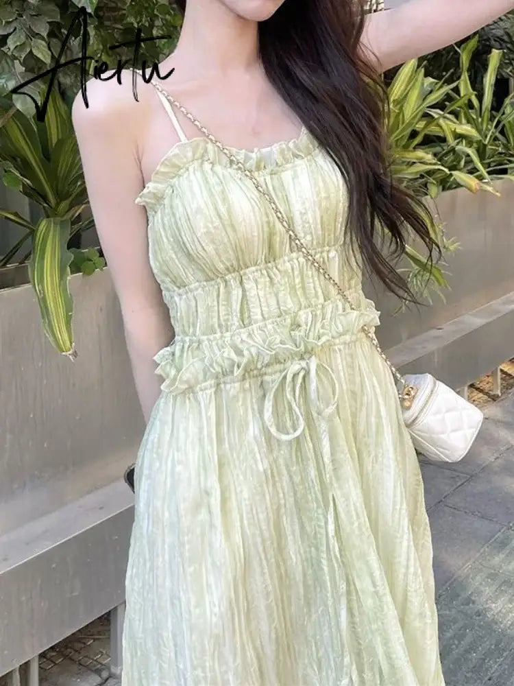 Aiertu Korean Fashion Green Cute Strap Dress Women Sweet Elegant Party Midi Dress Female Chiffon France Boho Beach Dress  Summer Aiertu