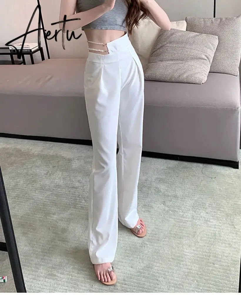 Aiertu Korean Gothic White Suit Pants Removable Faux Pearl Rhinestone Chain High Waist Straight Leg Pants Harajuku Women Y2k Trousers Aiertu