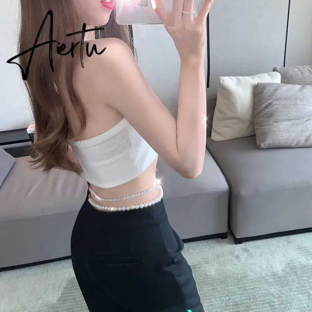 Aiertu Korean Gothic White Suit Pants Removable Faux Pearl Rhinestone Chain High Waist Straight Leg Pants Harajuku Women Y2k Trousers Aiertu