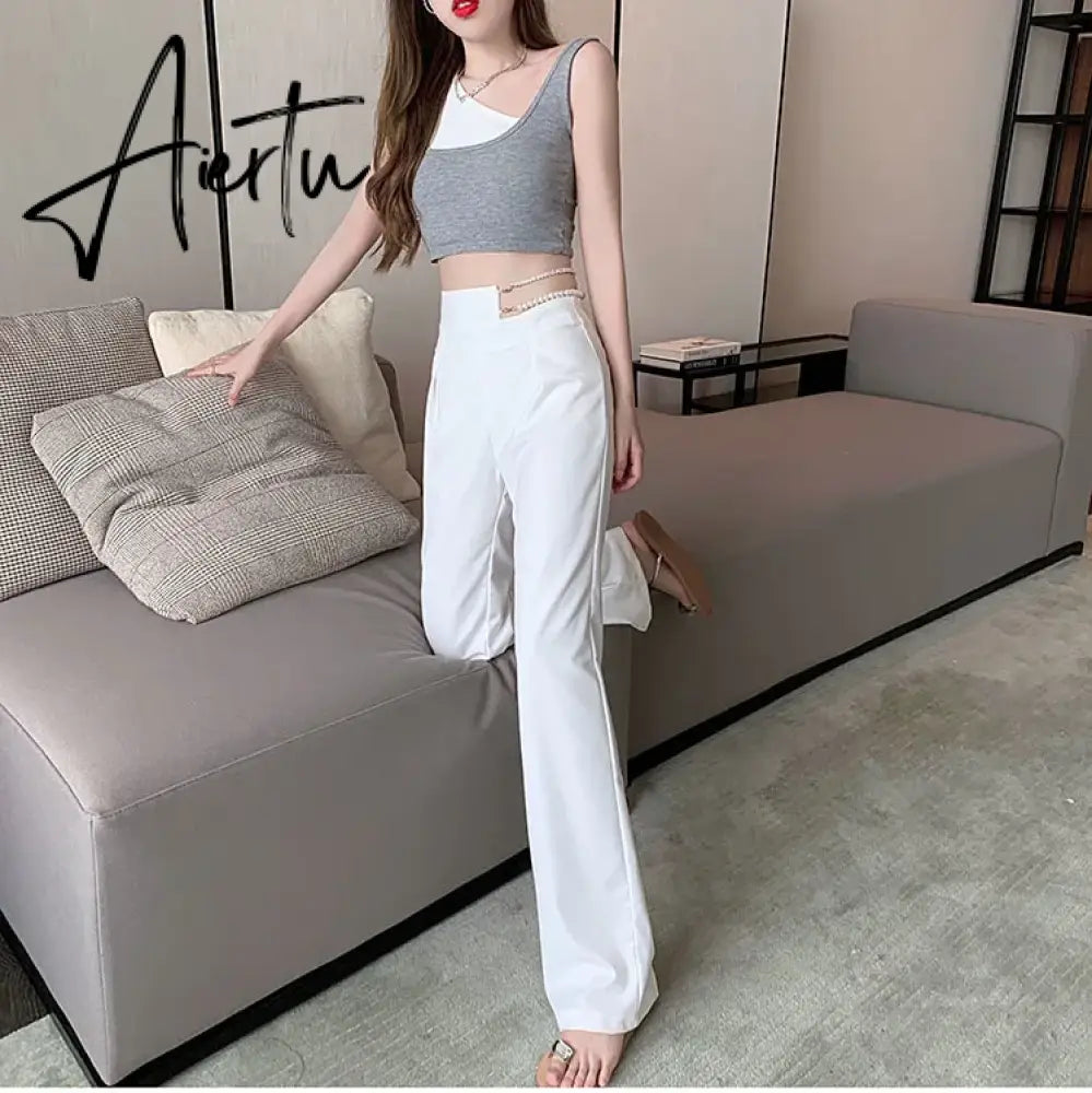 Aiertu Korean Gothic White Suit Pants Removable Faux Pearl Rhinestone Chain High Waist Straight Leg Pants Harajuku Women Y2k Trousers Aiertu