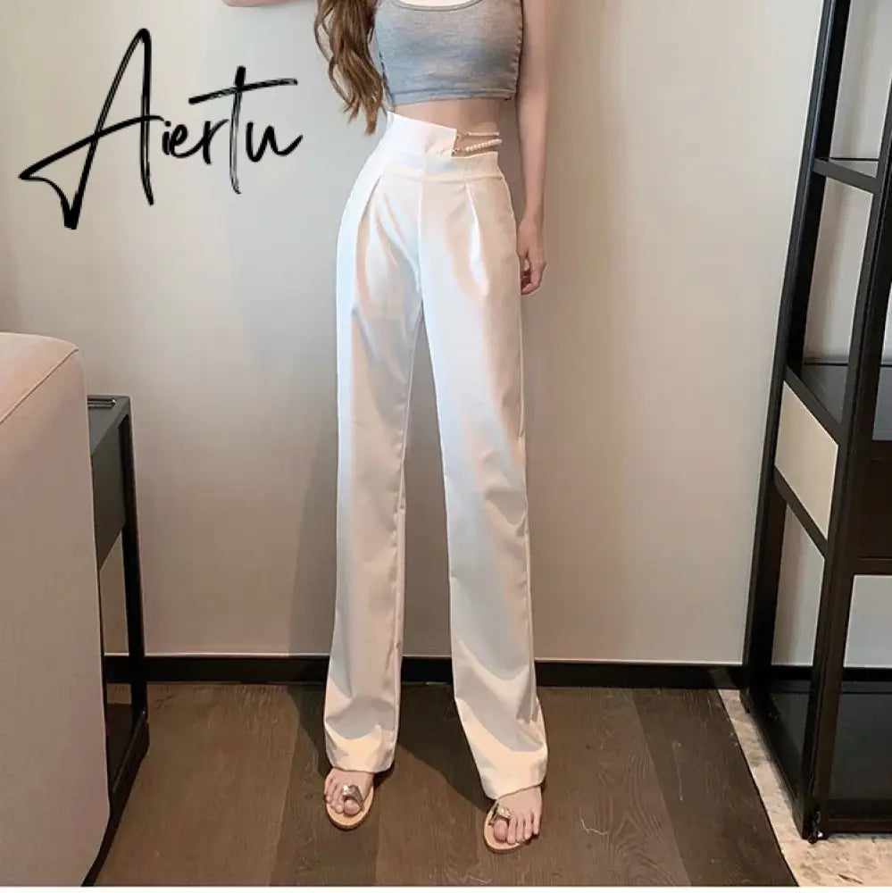 Aiertu Korean Gothic White Suit Pants Removable Faux Pearl Rhinestone Chain High Waist Straight Leg Pants Harajuku Women Y2k Trousers Aiertu