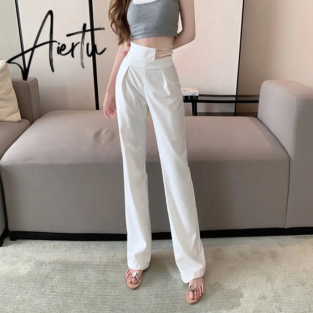 Aiertu Korean Gothic White Suit Pants Removable Faux Pearl Rhinestone Chain High Waist Straight Leg Pants Harajuku Women Y2k Trousers Aiertu
