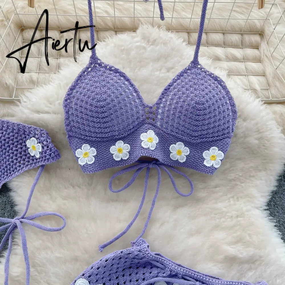 Aiertu Korean Hollow Out Knitted Suits Women Halter Lace Up Bow Backless Tank Top+Drawstring Split Mini Skirt Two Pieces Sets Aiertu
