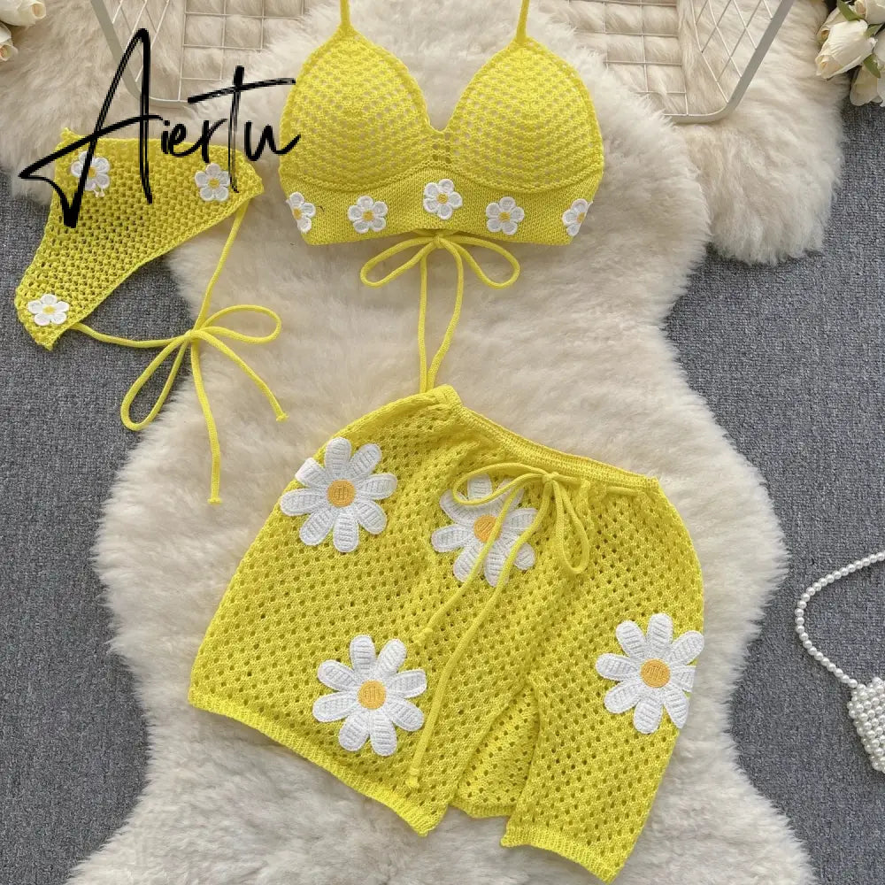 Aiertu Korean Hollow Out Knitted Suits Women Halter Lace Up Bow Backless Tank Top+Drawstring Split Mini Skirt Two Pieces Sets Aiertu