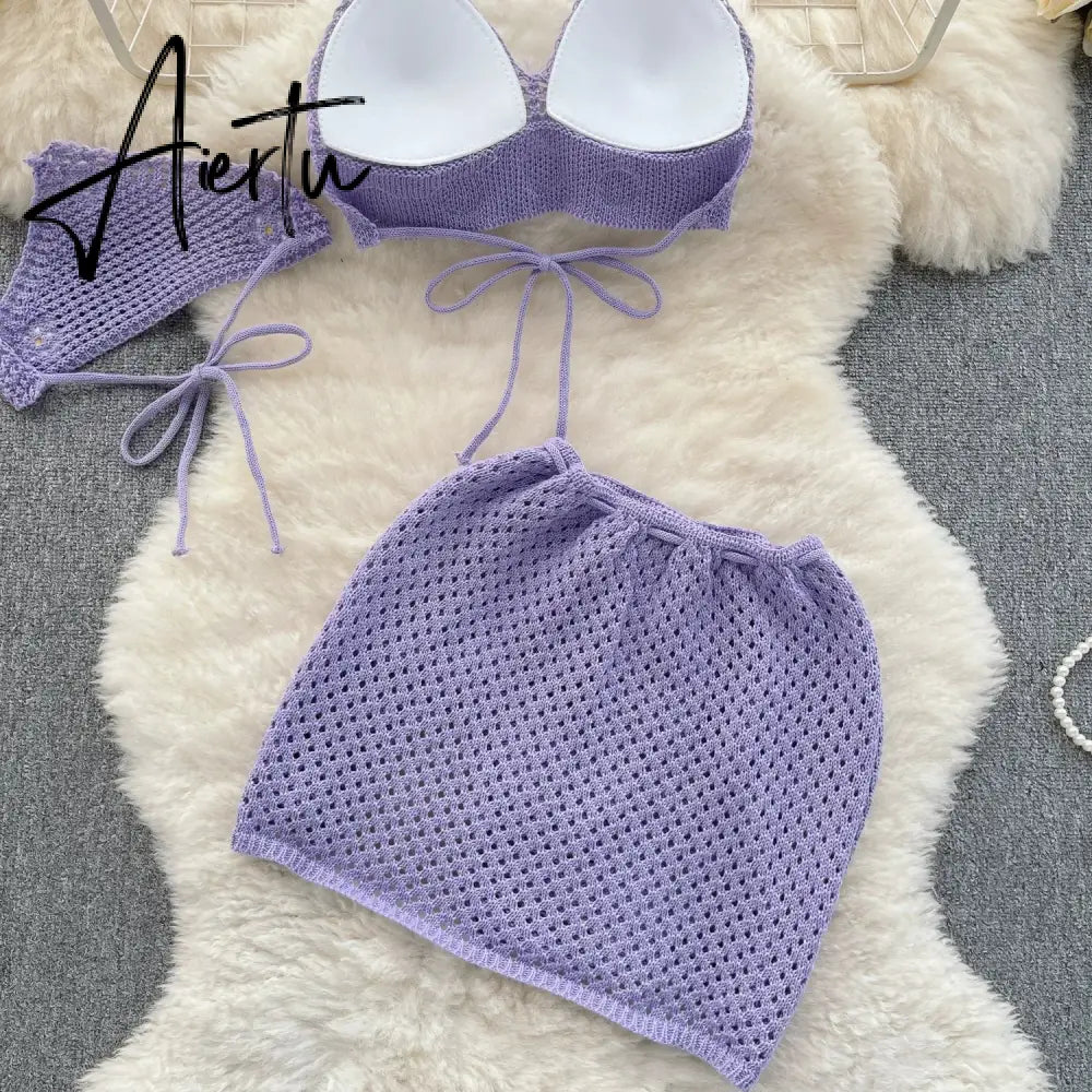 Aiertu Korean Hollow Out Knitted Suits Women Halter Lace Up Bow Backless Tank Top+Drawstring Split Mini Skirt Two Pieces Sets Aiertu