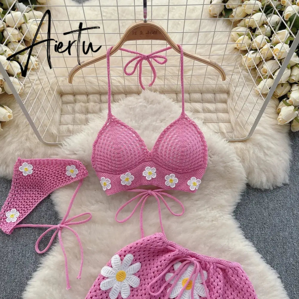 Aiertu Korean Hollow Out Knitted Suits Women Halter Lace Up Bow Backless Tank Top+Drawstring Split Mini Skirt Two Pieces Sets Aiertu
