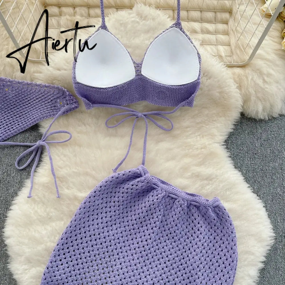 Aiertu Korean Hollow Out Knitted Suits Women Halter Lace Up Bow Backless Tank Top+Drawstring Split Mini Skirt Two Pieces Sets Aiertu
