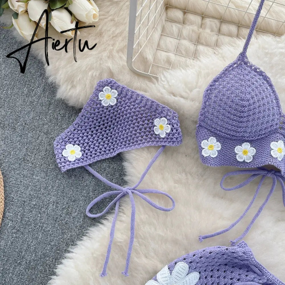 Aiertu Korean Hollow Out Knitted Suits Women Halter Lace Up Bow Backless Tank Top+Drawstring Split Mini Skirt Two Pieces Sets Aiertu