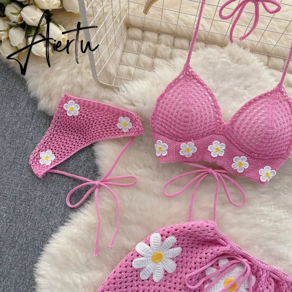 Aiertu Korean Hollow Out Knitted Suits Women Halter Lace Up Bow Backless Tank Top+Drawstring Split Mini Skirt Two Pieces Sets Aiertu