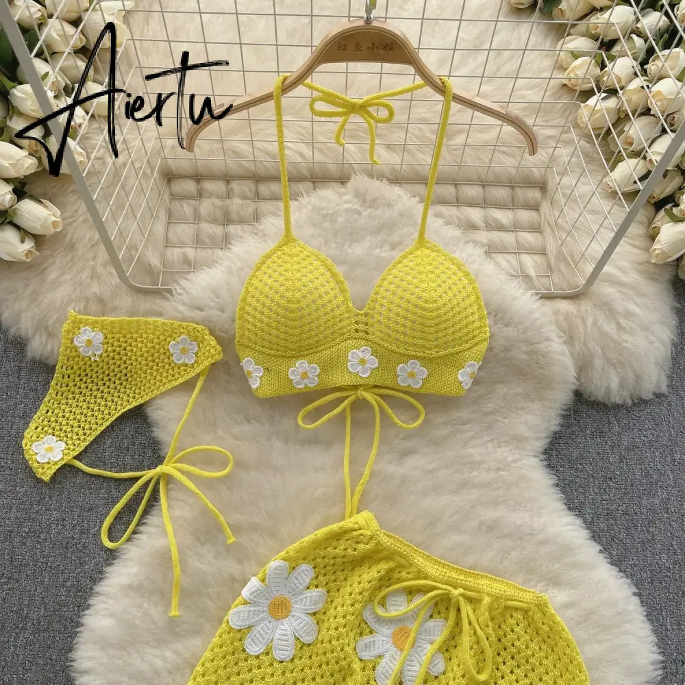 Aiertu Korean Hollow Out Knitted Suits Women Halter Lace Up Bow Backless Tank Top+Drawstring Split Mini Skirt Two Pieces Sets Aiertu
