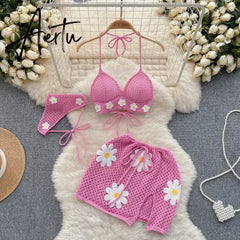 Aiertu Korean Hollow Out Knitted Suits Women Halter Lace Up Bow Backless Tank Top+Drawstring Split Mini Skirt Two Pieces Sets Aiertu