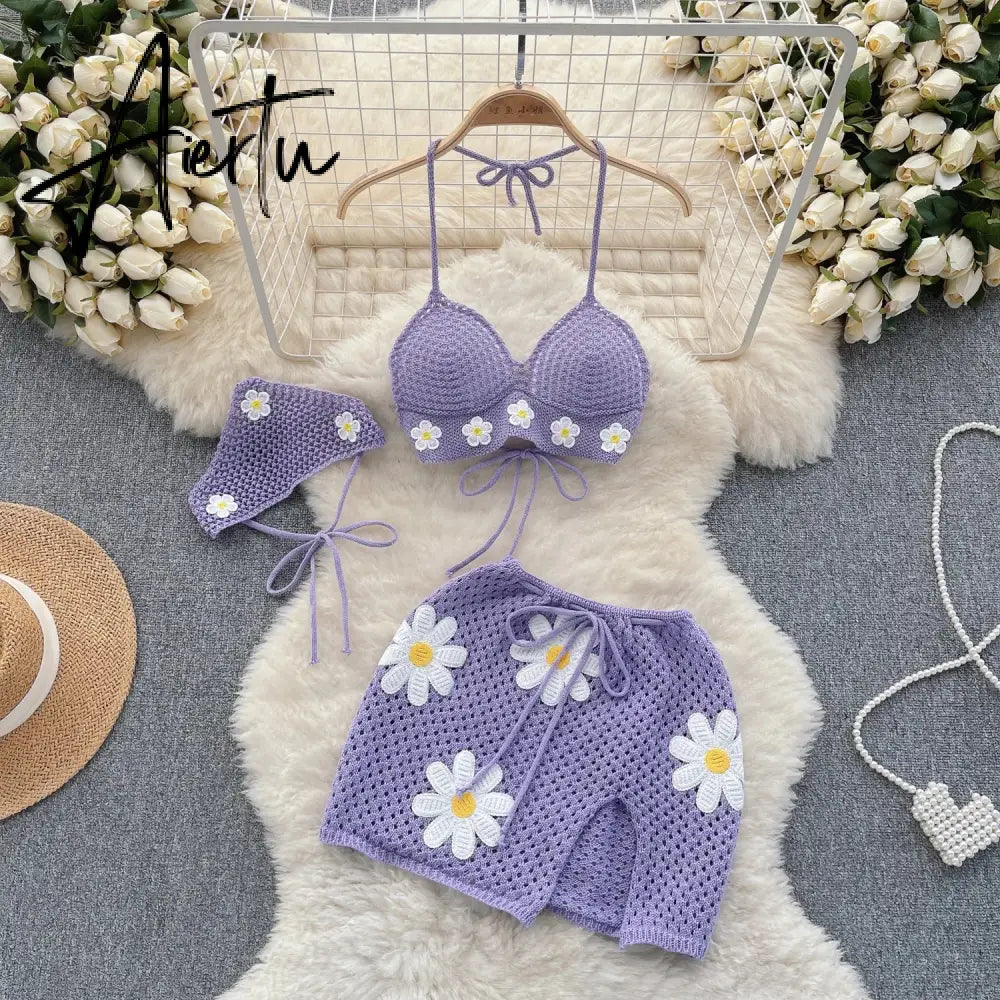 Aiertu Korean Hollow Out Knitted Suits Women Halter Lace Up Bow Backless Tank Top+Drawstring Split Mini Skirt Two Pieces Sets Aiertu