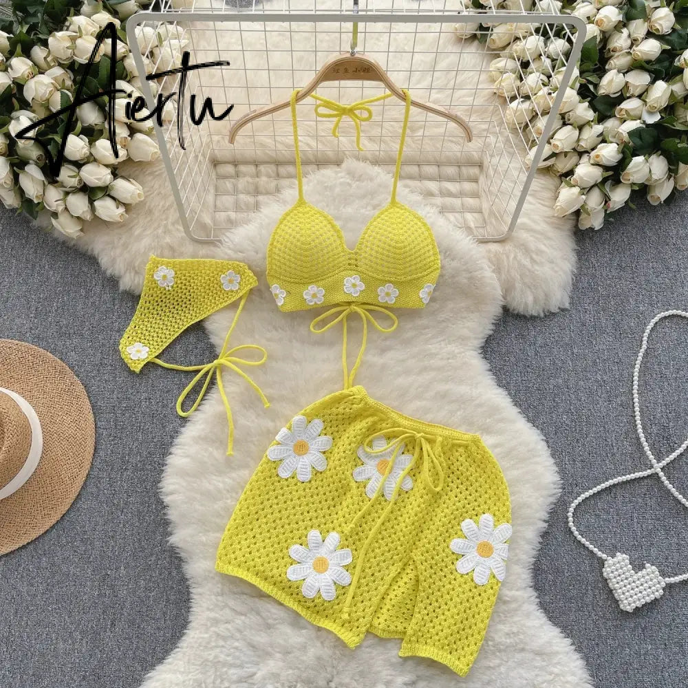 Aiertu Korean Hollow Out Knitted Suits Women Halter Lace Up Bow Backless Tank Top+Drawstring Split Mini Skirt Two Pieces Sets Aiertu