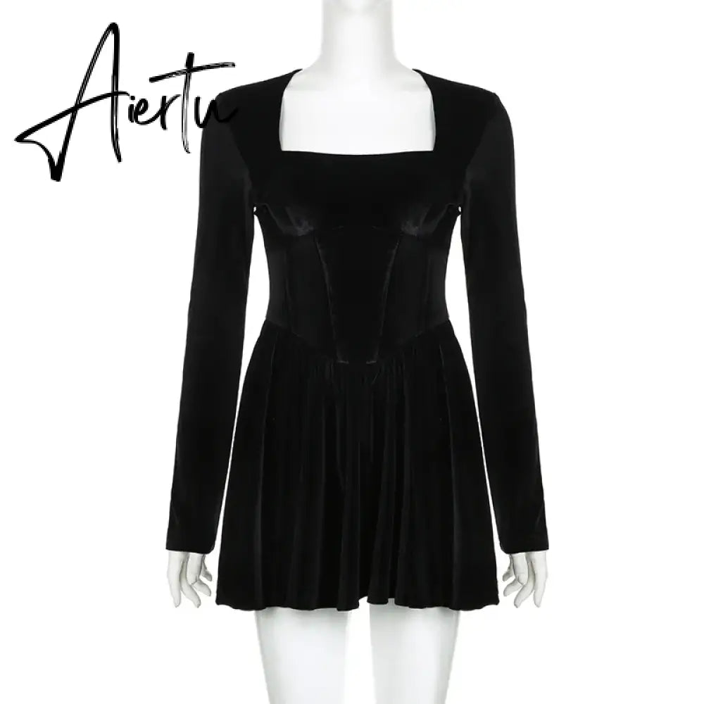 Aiertu  Korean Style Elegant Fashion Velvet Dress Basic Solid Square Collar Long Sleeve Mini Dresses For Women  Autumn Lady Aiertu