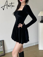 Aiertu  Korean Style Elegant Fashion Velvet Dress Basic Solid Square Collar Long Sleeve Mini Dresses For Women  Autumn Lady Aiertu