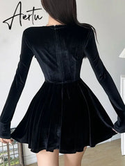 Aiertu  Korean Style Elegant Fashion Velvet Dress Basic Solid Square Collar Long Sleeve Mini Dresses For Women  Autumn Lady Aiertu