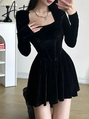 Aiertu  Korean Style Elegant Fashion Velvet Dress Basic Solid Square Collar Long Sleeve Mini Dresses For Women  Autumn Lady Aiertu