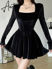 Aiertu  Korean Style Elegant Fashion Velvet Dress Basic Solid Square Collar Long Sleeve Mini Dresses For Women  Autumn Lady Aiertu
