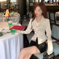 Aiertu Korean Style Elegant Satin Shirts Office Lady 2024 Spring Design Fashion Blouse Women Long Sleeve Button Y2k Tops Female Outwear Aiertu