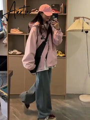 Aiertu Korean Style Gorpcore Pink Track Jackets Women Hippie Y2K Oversize Zipper Windbreaker Jacket Harajuku Streetwear Outwear Aiertu
