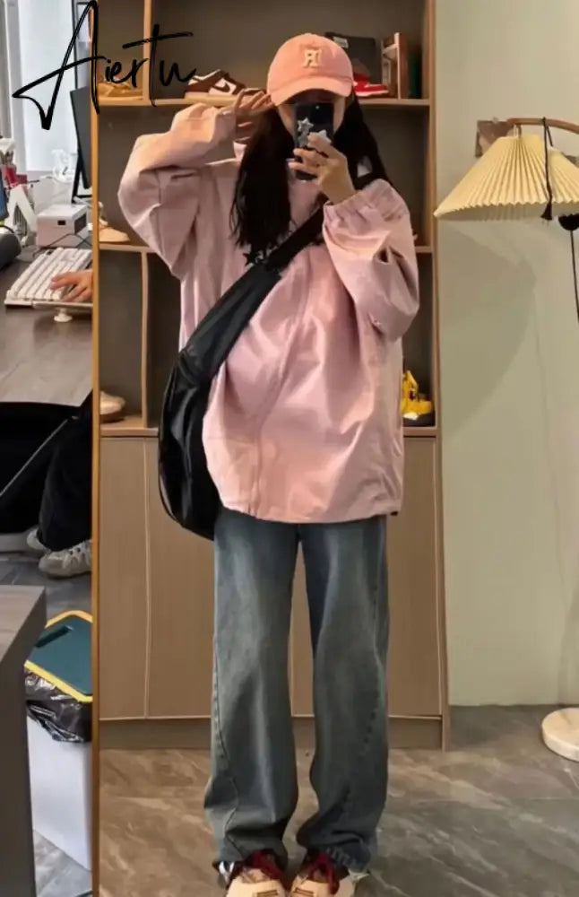 Aiertu Korean Style Gorpcore Pink Track Jackets Women Hippie Y2K Oversize Zipper Windbreaker Jacket Harajuku Streetwear Outwear Aiertu